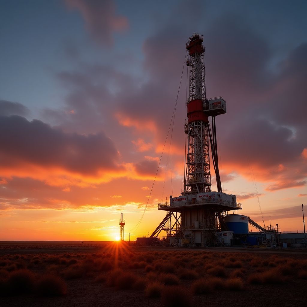 Plataforma de extracción en Vaca Muerta al amanecer